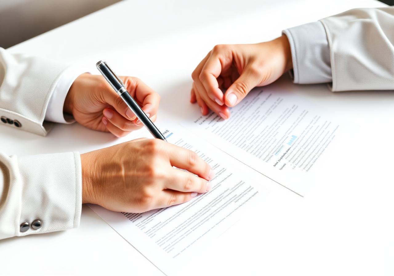 Two hands signing trading documents at a desk